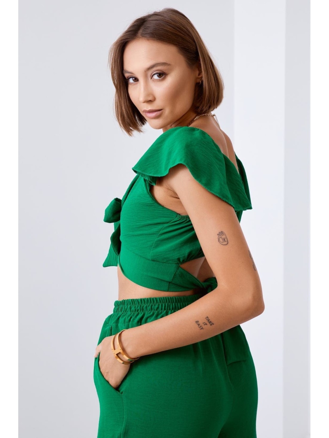 Dark green crop top set with wide pants 8108 - Online store - Boutique